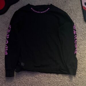 Chrome Hearts Black Long Sleeve Tee with Purple Gothic Sleeve Print